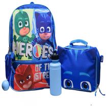 Mochila Escolar Infantil 3D 40cm PJ Masks Catboy, Gekko e Owlette 4 Peças com Lancheira para Crianças, Azul