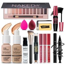 Kit de Maquiagem Completo Tudo em Um Geyomi, 12 Cores Sombra Matte, Base Nude Bege, Primer, 3 Batons Líquidos, Contorno, Sabão Sobrancelhas