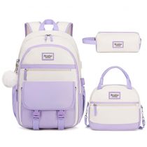 Mochila escolar juvenil Bevalsa roxa e bege com estojo e lancheira 45 cm e porta USB