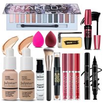 Kit de Maquiagem Completo Tudo em Um Geyomi, 12 Cores de Sombra, Base e Primer, Batom Líquido, Eyeliner, Máscara, Contorno, Sabão para Sobrancelhas