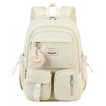 Mochila escolar de veludo cotelê QHRIDS bege para notebook 15,6", múltiplos bolsos, alça para mala