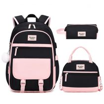 Mochila Bevalsa 3 em 1 rosa e preta com lancheira e estojo, para notebook até 15,6" com porta USB
