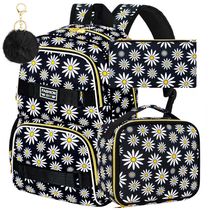 Mochila AGSDON 3PCS Daisy preta para notebook 17" com lancheira e estojo
