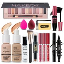 Kit de Maquiagem Completo Tudo em Um Geyomi, 12 Cores Sombra Fosca, Base Nude Bege, Primer, 3 Batons Líquidos, Contorno, Sobrancelha, Eyeliner Stamp