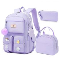 Mochila escolar Fitvc juvenil feminina, conjunto 6 peças com lancheira, estojo, bolsa de moeda e pins decorativos