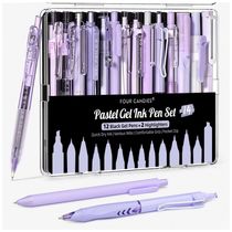 Canetas em gel Four Candies roxas com tinta preta e roxa e 2 marcadores pastel, ponta fina 0,5 mm retrátil, kit 14 peças para estudo e escritório