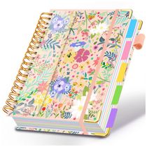 Caderno universitário espiral HDhuiun 8x10, 5 matérias, 300 páginas pautadas, divisórias com bolsos e abas, capa floral bege