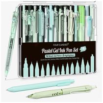 Canetas em gel Four Candies verdes com tinta preta e verde e 2 marcadores pastel, ponta fina 0,5 mm retrátil, kit 14 peças para estudo e escritório