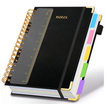 Caderno universitário espiral capa dura GDGDSY B5 8x10, 5 matérias, 300 páginas pautadas, divisórias removíveis, capa couro sintético preto