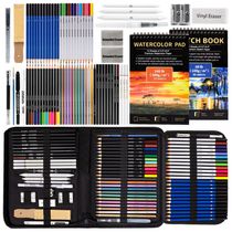 Kit de desenho profissional Drawdart 76 peças com estojo, cadernos de desenho e aquarela, lápis de grafite, carvão, aquarela, óleo e metálicos
