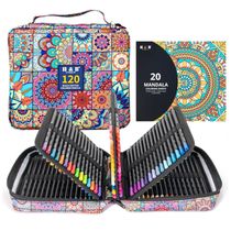 Conjunto 120 lápis de cor H & B Black Wood com livro para colorir em papel preto, borracha e apontador, estojo mandala com zíper
