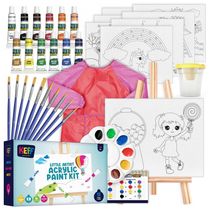 Kit de pintura acrílica infantil KEFF 32 peças com cavalete, telas em algodão, pincéis, paleta, copo lavável e avental rosa