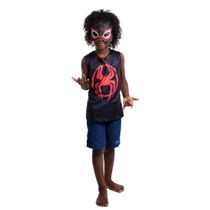 Fantasia Infantil Marvel Homem Aranha Negro Miles Morales POP Camiseta e Mascara